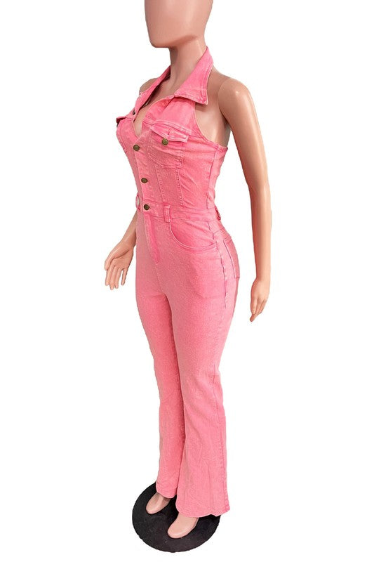 PINK HALTER DENIM JUMPSUIT