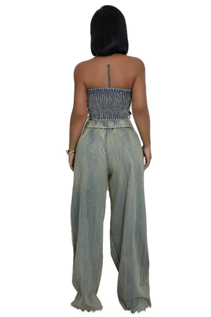 BELTED STRAPLESS CROP DENIM PANT SET