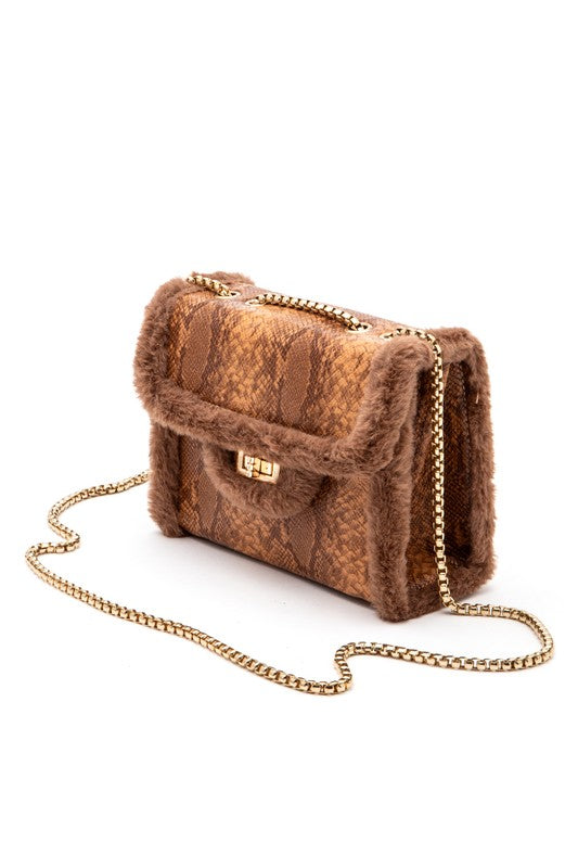 Faux Shearling Snake Print Shoulder Bag