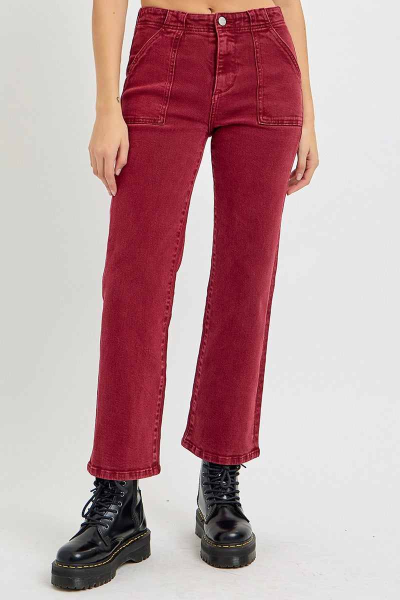 High Rise Straight Jeans with Patch Pockets