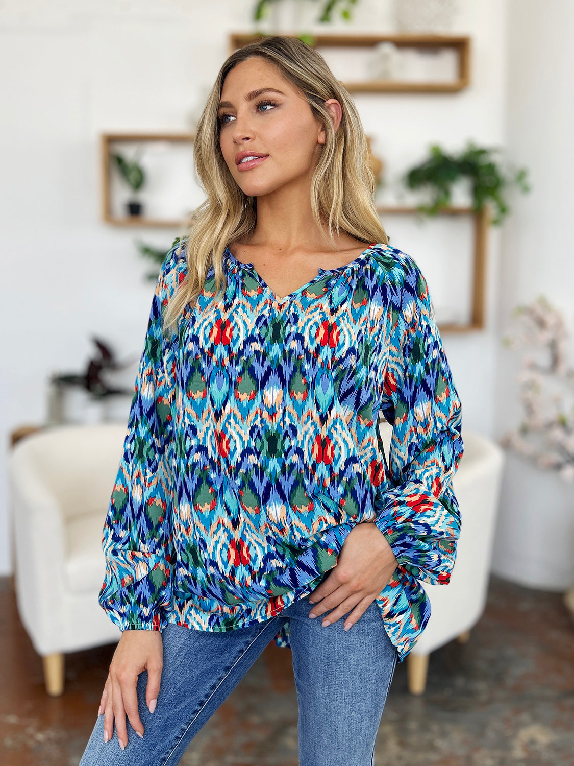 Printed Balloon Sleeve Blouse