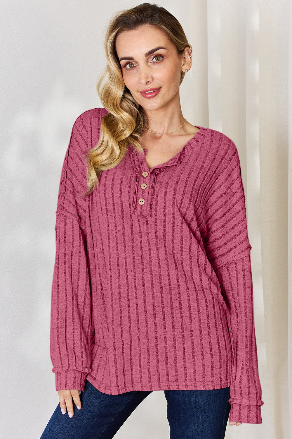 Ribbed Half Button Long Sleeve T-Shirt