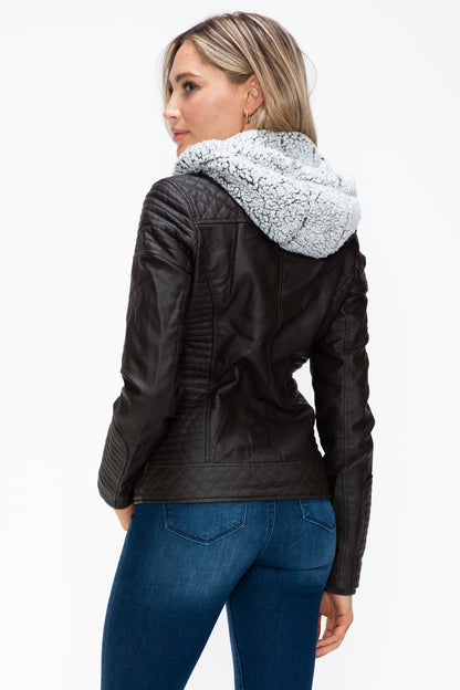 Faux Layered Double-Zipper Jacket with Fuzzy Hood