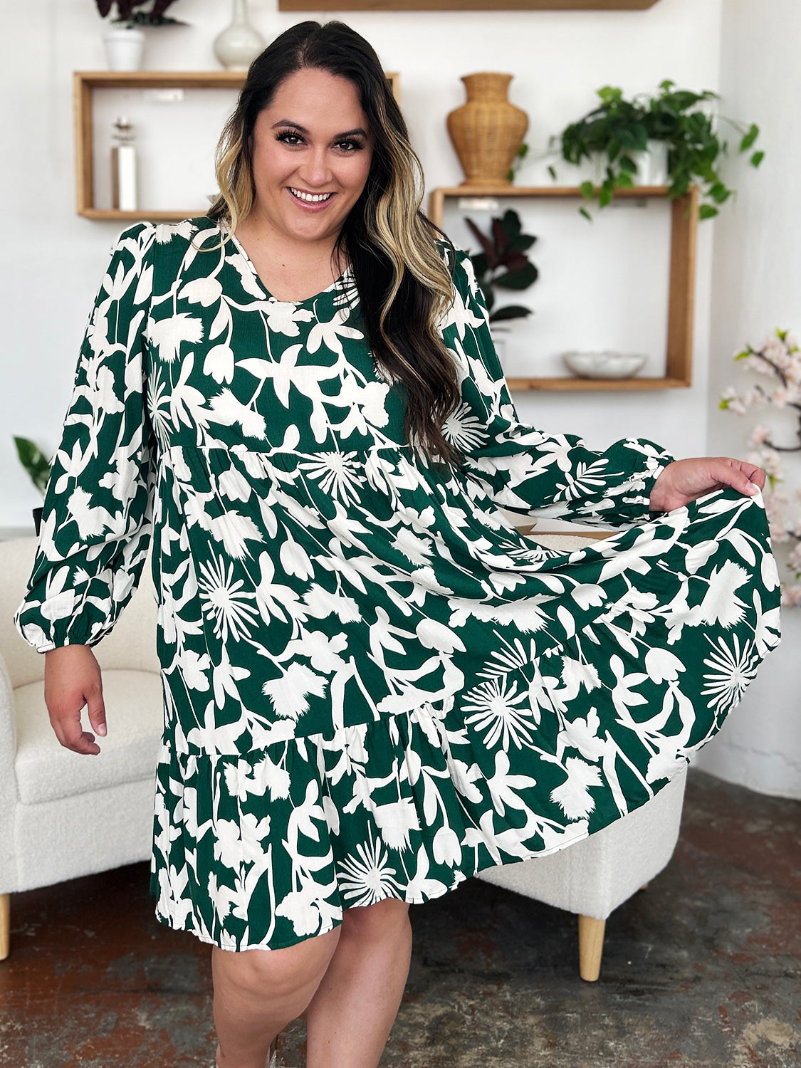 Printed Ruffle Hem Long Sleeve Dress