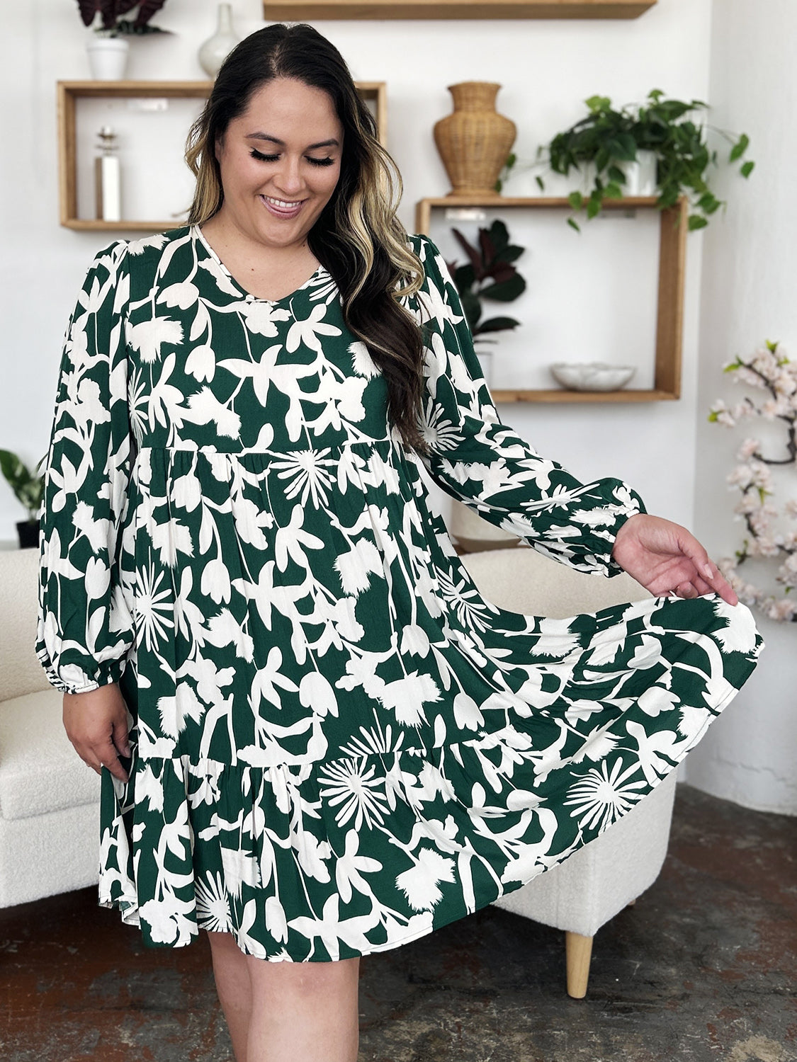 Printed Ruffle Hem Long Sleeve Dress