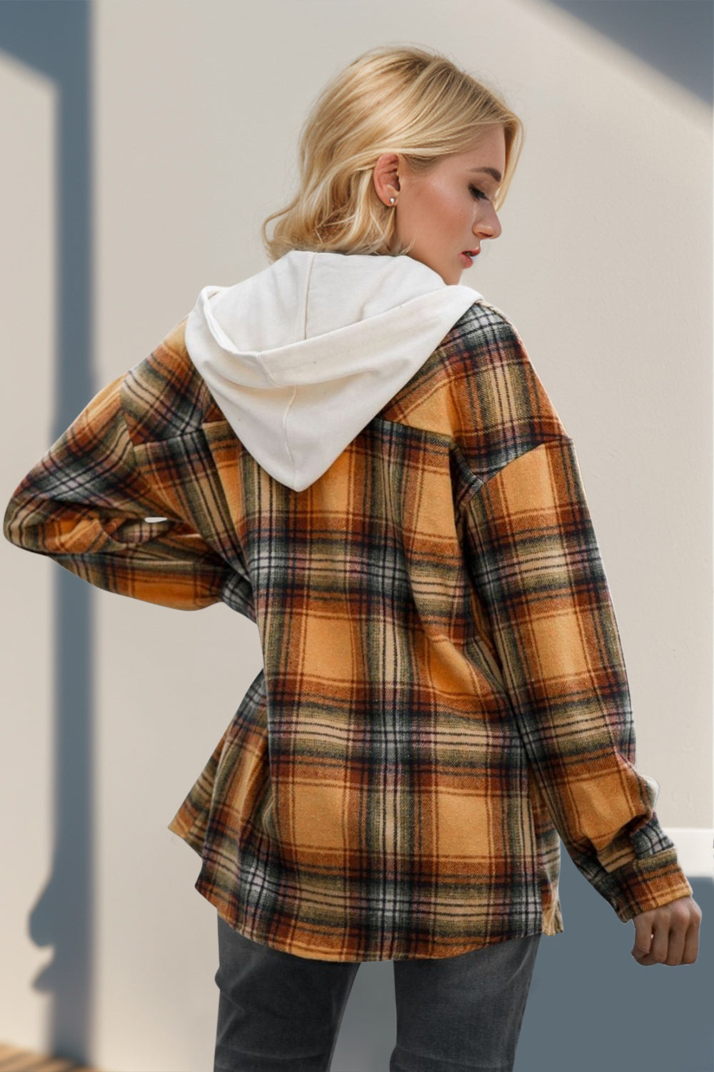 Drawstring Plaid Long Sleeve Hooded Shacket