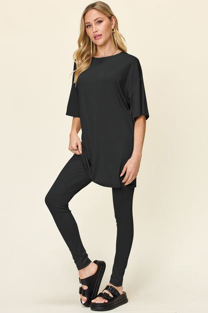 Round Neck Dropped Shoulder T-Shirt and Leggings Set