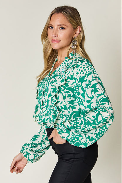 Printed Ruffle Trim Balloon Sleeve Shirt