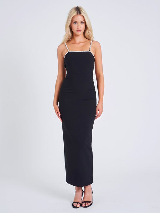 Black Crystal Straps Backless Gown With Bow