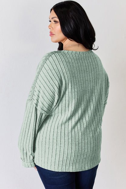 Ribbed Half Button Long Sleeve T-Shirt