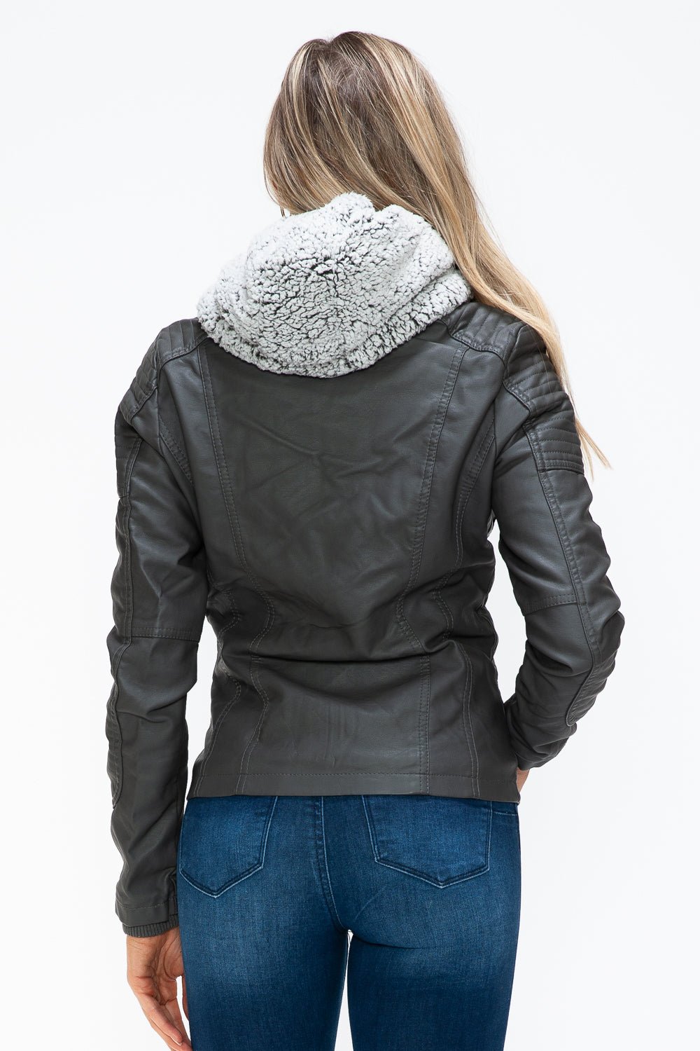 Removable Faux Layered Multi-Pocket Jacket with Fuzzy Hood