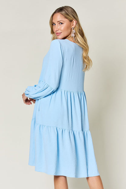 V-Neck Balloon Sleeve Tiered Dress with Pockets