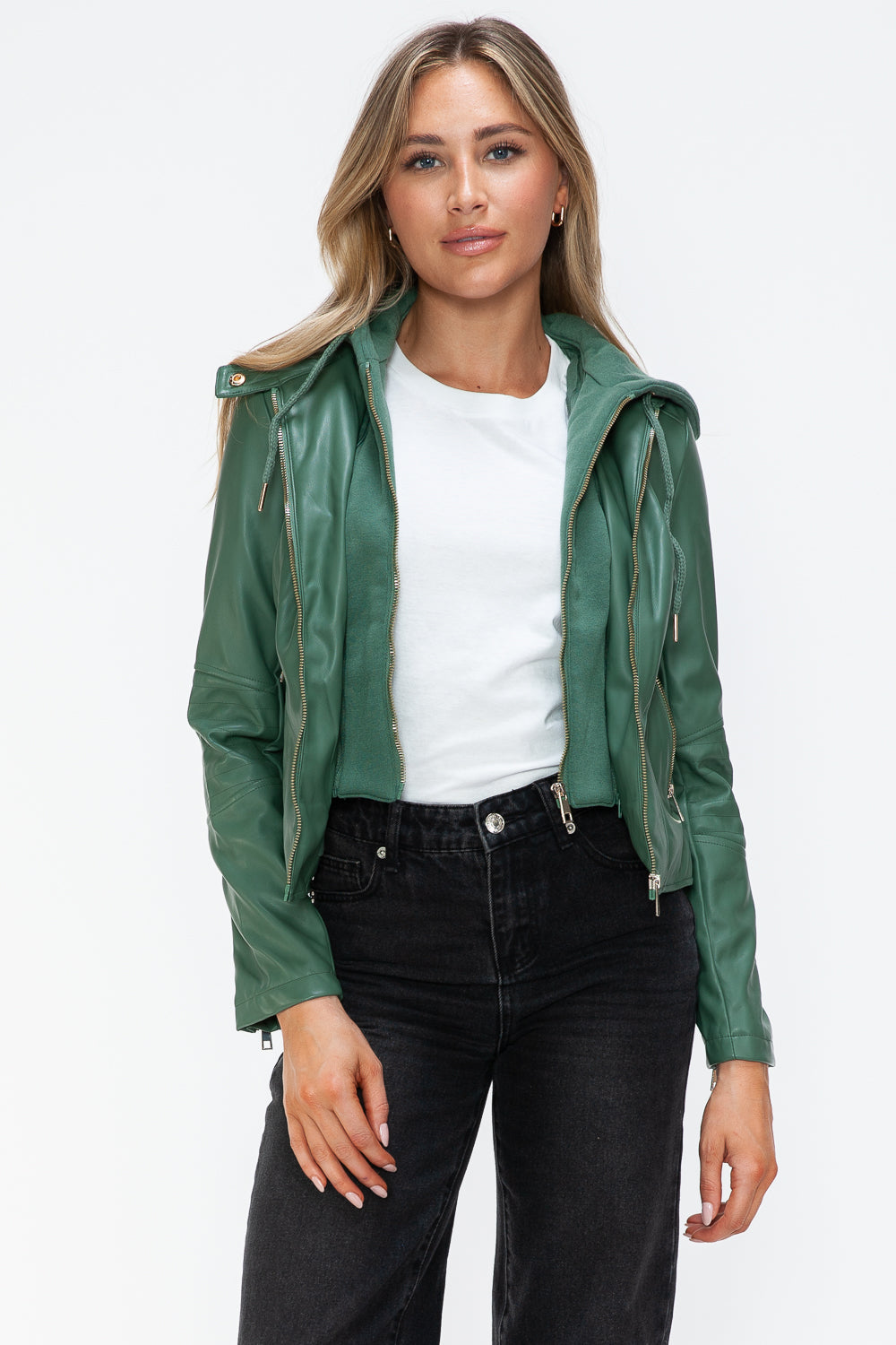 Faux Leather Zip Up Drawstring Hooded Jacket