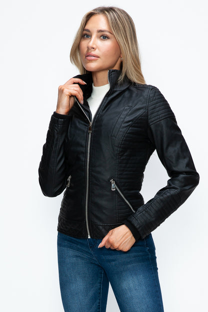 Faux Layered Double-Zipper Jacket with Fuzzy Hood