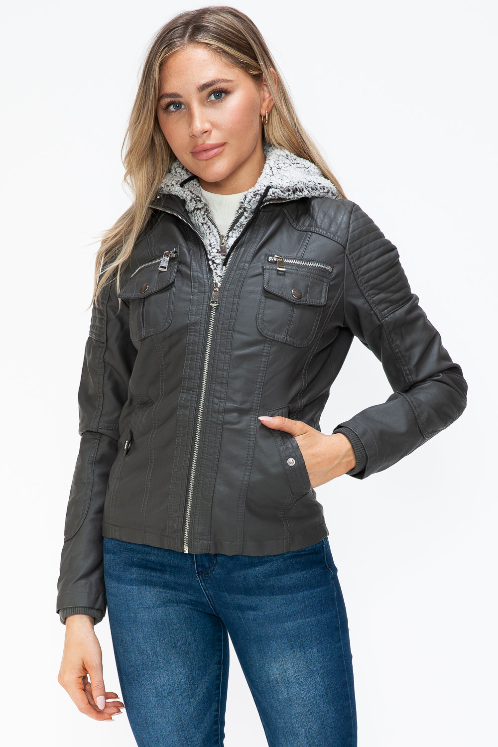 Removable Faux Layered Multi-Pocket Jacket with Fuzzy Hood