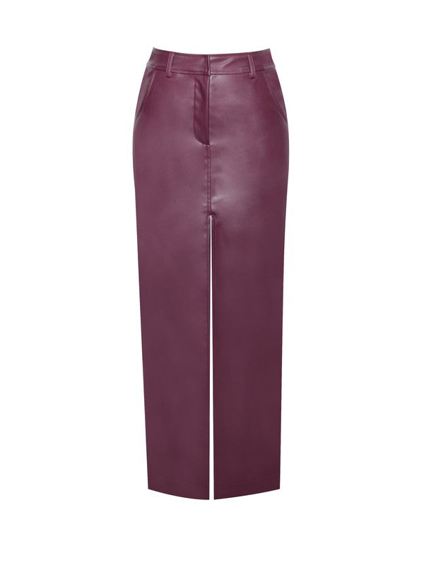 Purple Front Slit Vegan Leather Skirt