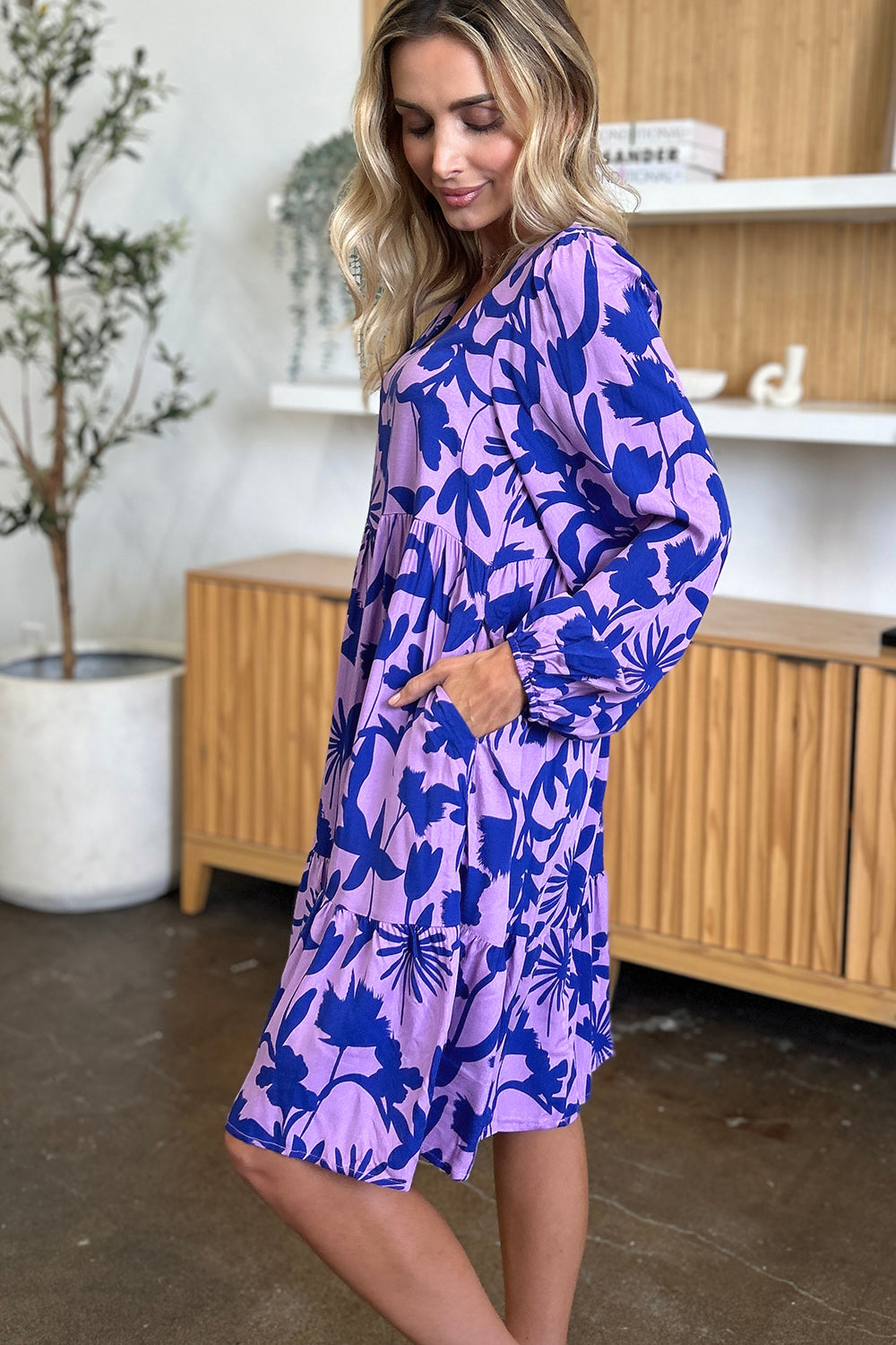 Printed Ruffle Hem Long Sleeve Dress