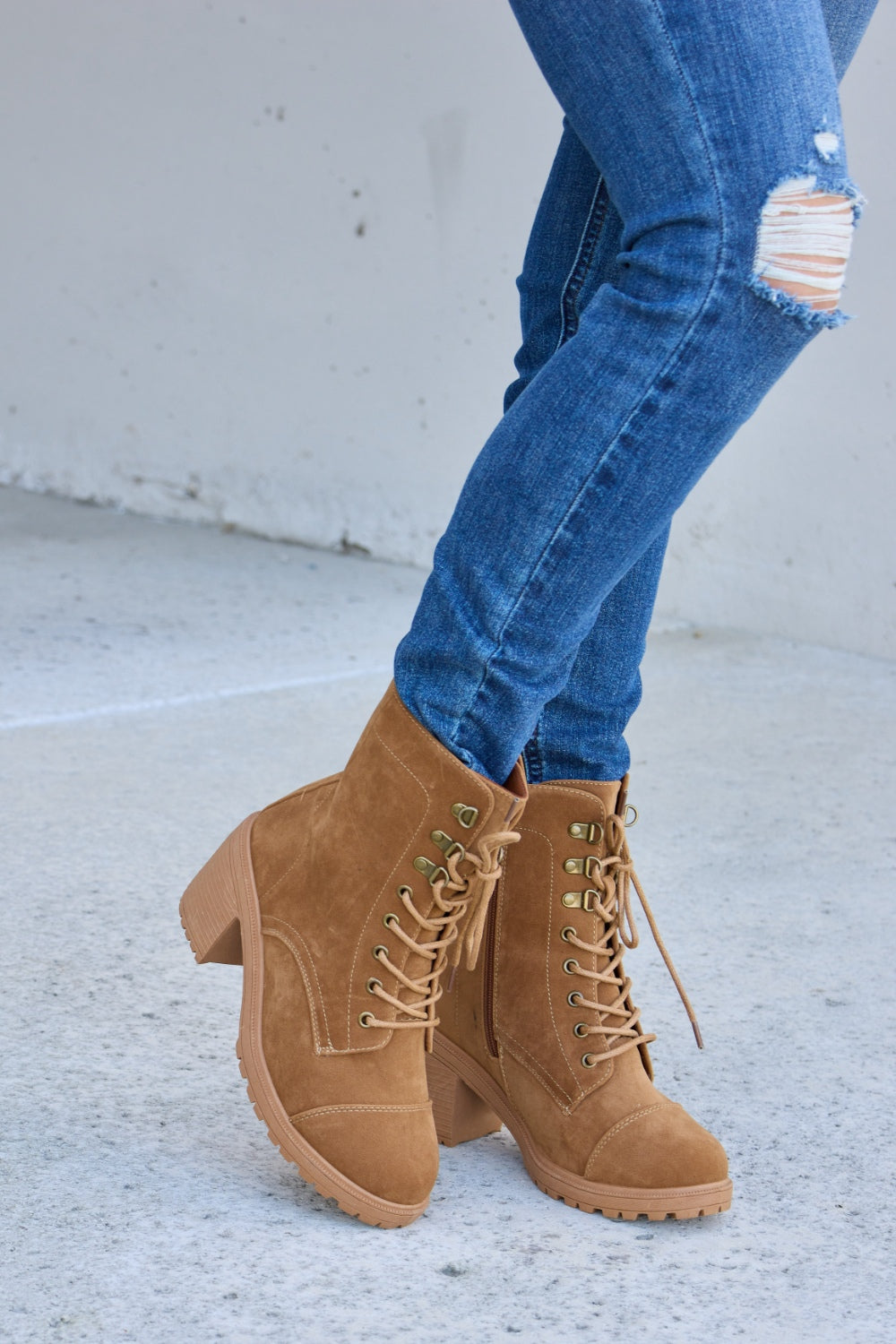 Lace-Up Zipper Detail Block Heel Boots