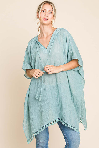 Label Tassel Hem Hooded Cover Up