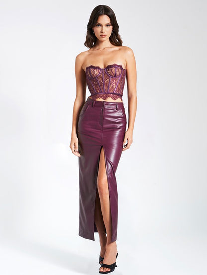 Purple Front Slit Vegan Leather Skirt