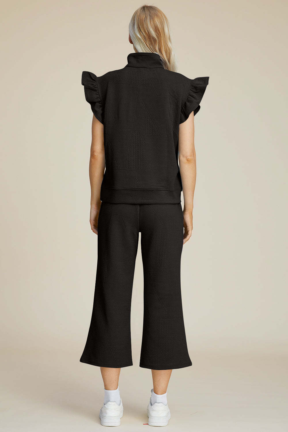 Texture Ruffle Short Sleeve Top and Wide Leg Pants Set