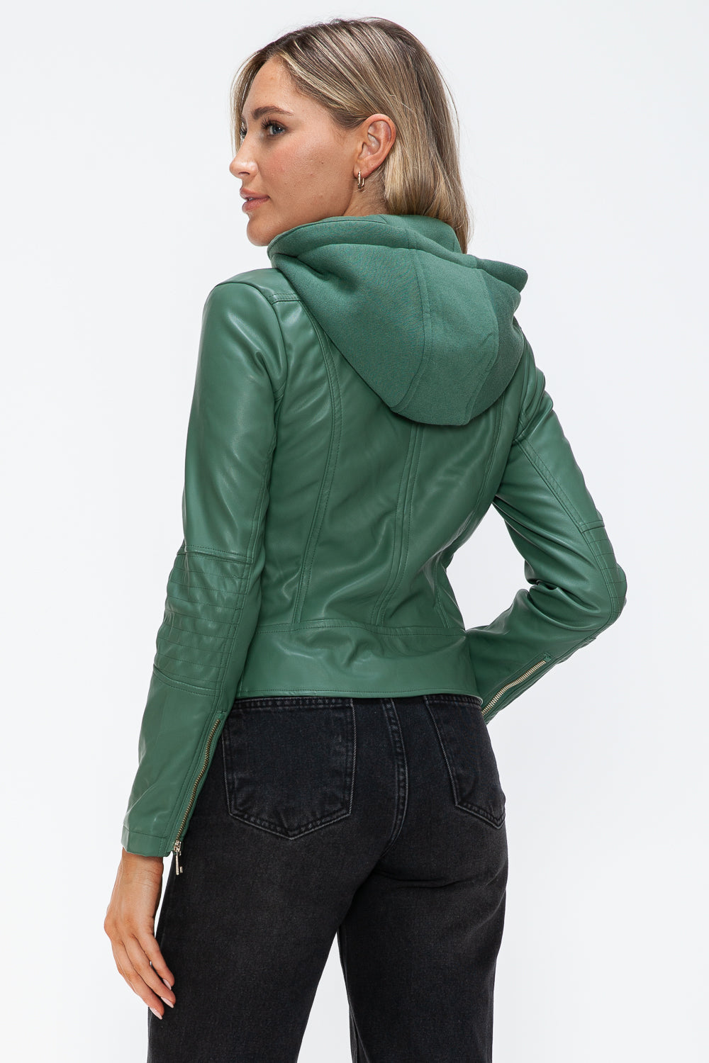 Faux Leather Zip Up Drawstring Hooded Jacket