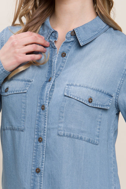 Scooped Hem Button Up Denim Shirt