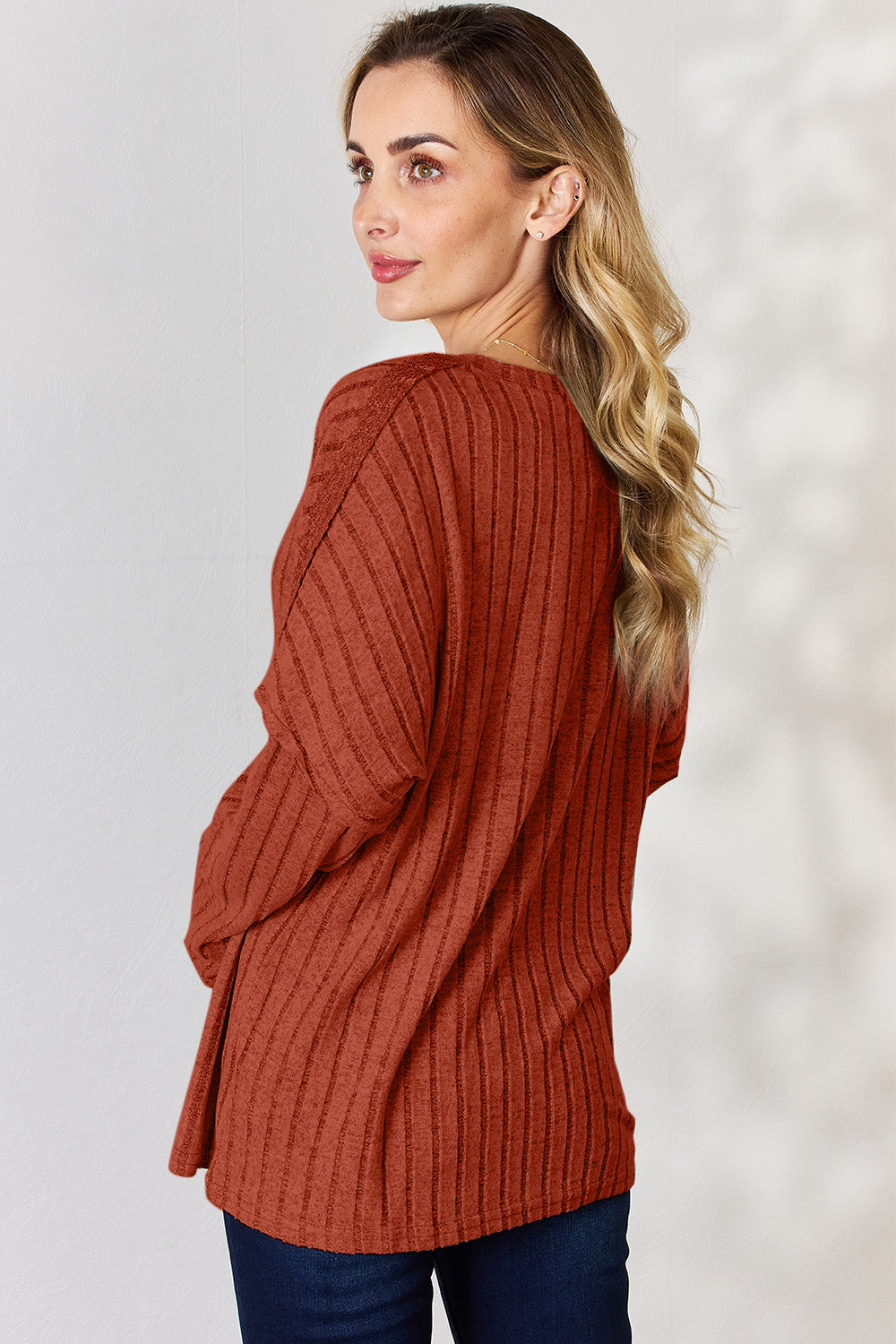 Ribbed Half Button Long Sleeve T-Shirt