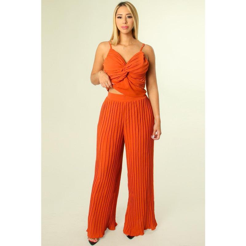 SOLID COLOR PATTERN PLEATED SLEEVELESS TOP AND PANT SET