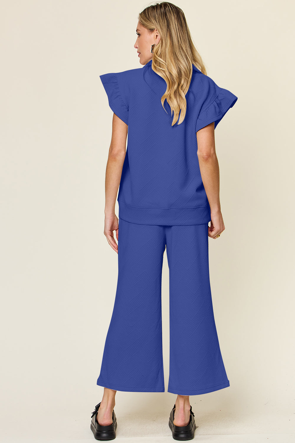 Texture Ruffle Short Sleeve Top and Drawstring Wide Leg Pants Set