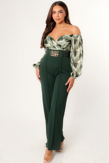 Off Shoulder Belted Wide Leg Jumpsuit