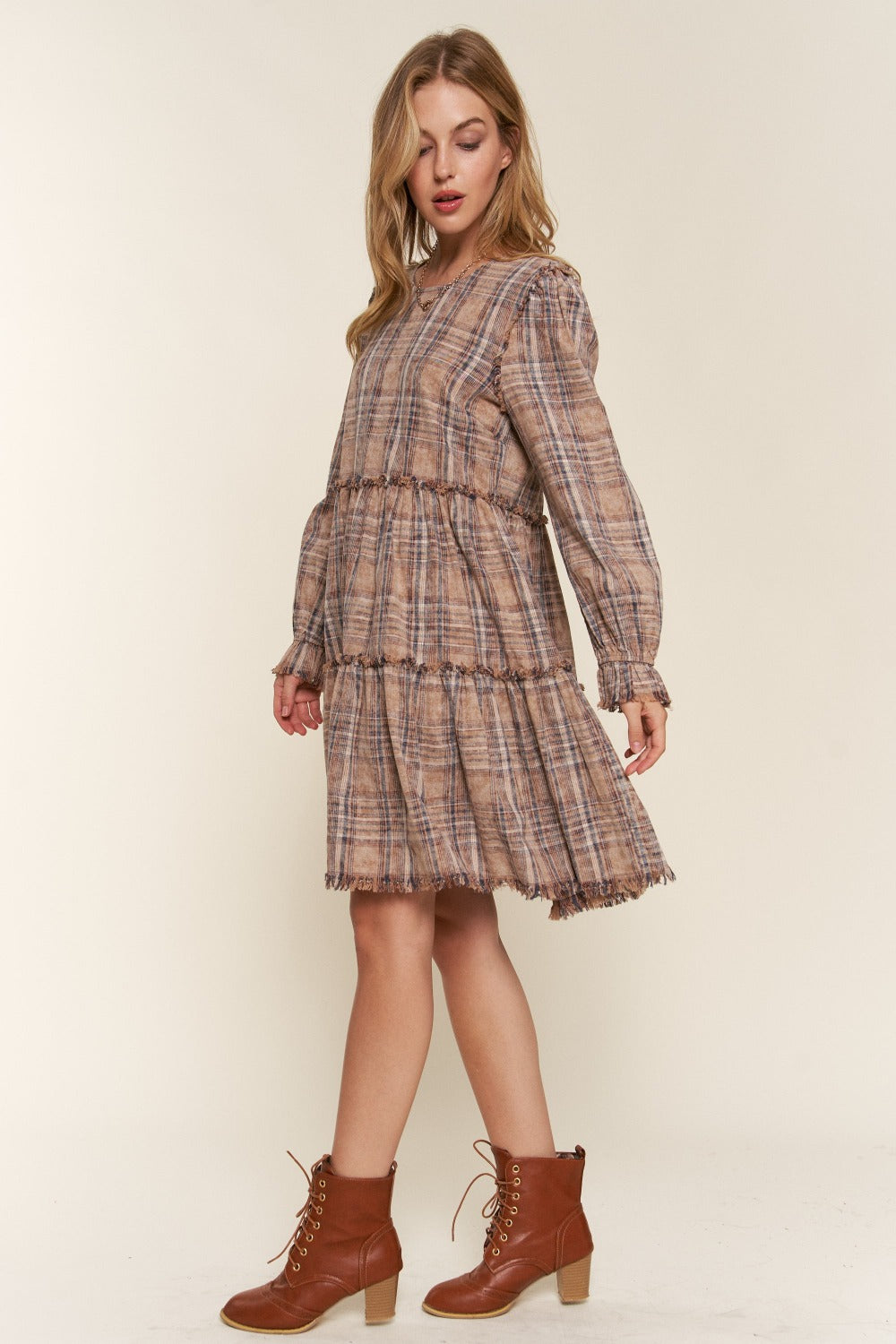 Washed Frayed Tiered Plaid Dress