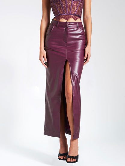 Purple Front Slit Vegan Leather Skirt