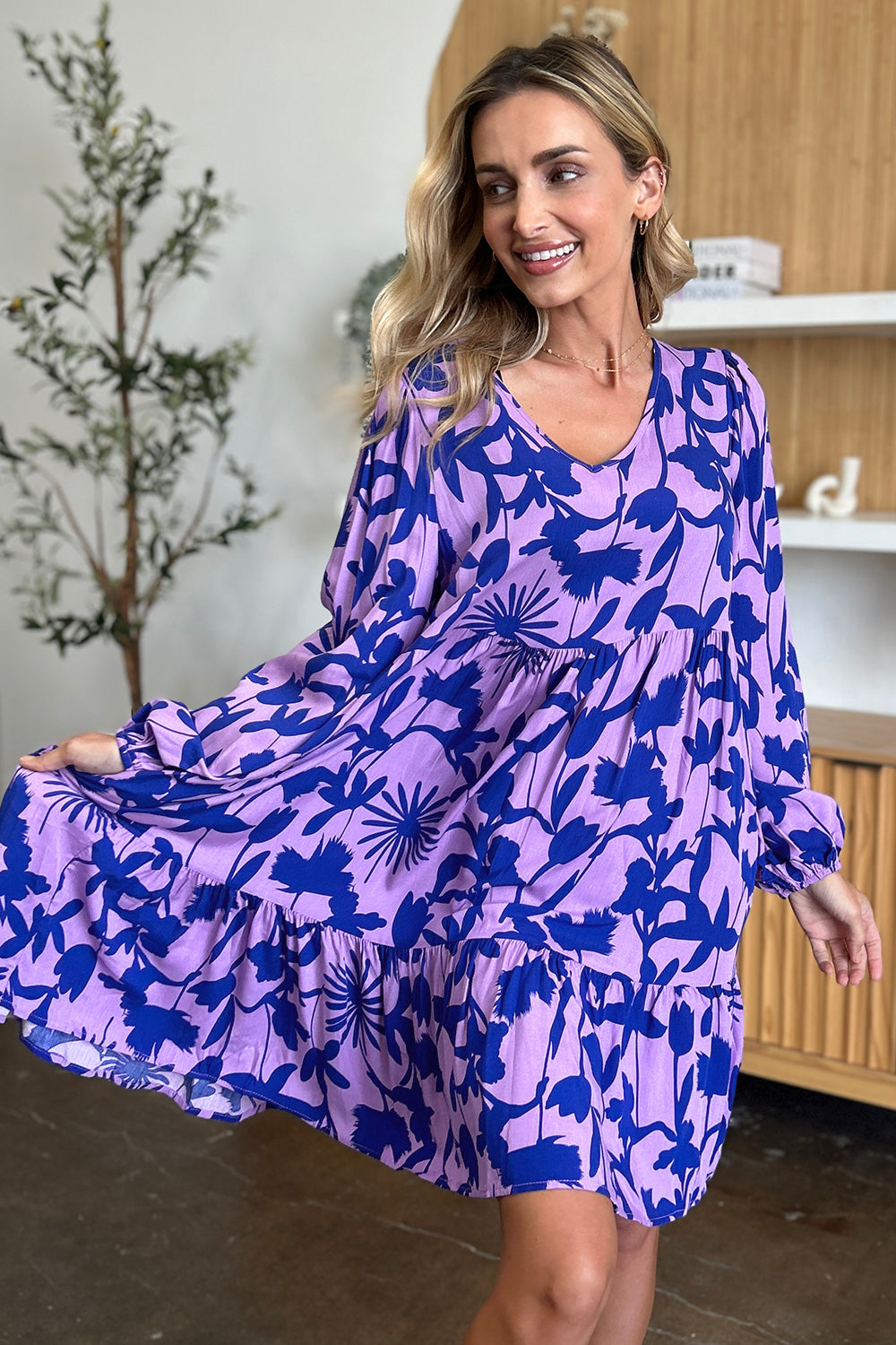 Printed Ruffle Hem Long Sleeve Dress