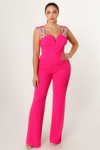 Dual Rhinestone Strap Top and Wide Leg Pant Set