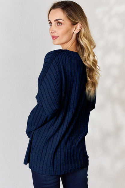 Ribbed Half Button Long Sleeve T-Shirt