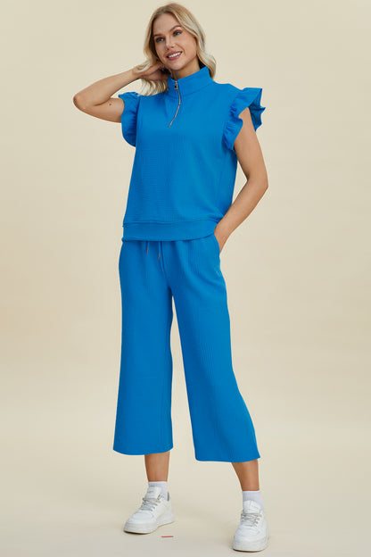 Texture Ruffle Short Sleeve Top and Wide Leg Pants Set