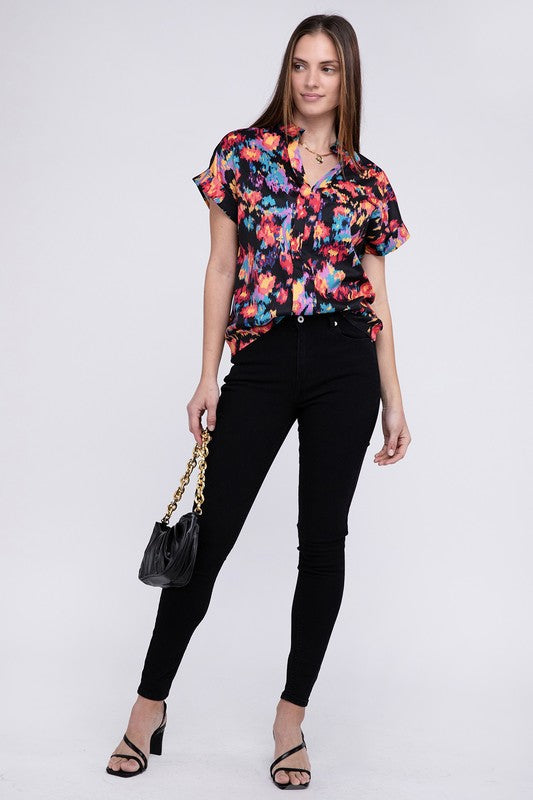 Notch Neck Floral Print Top