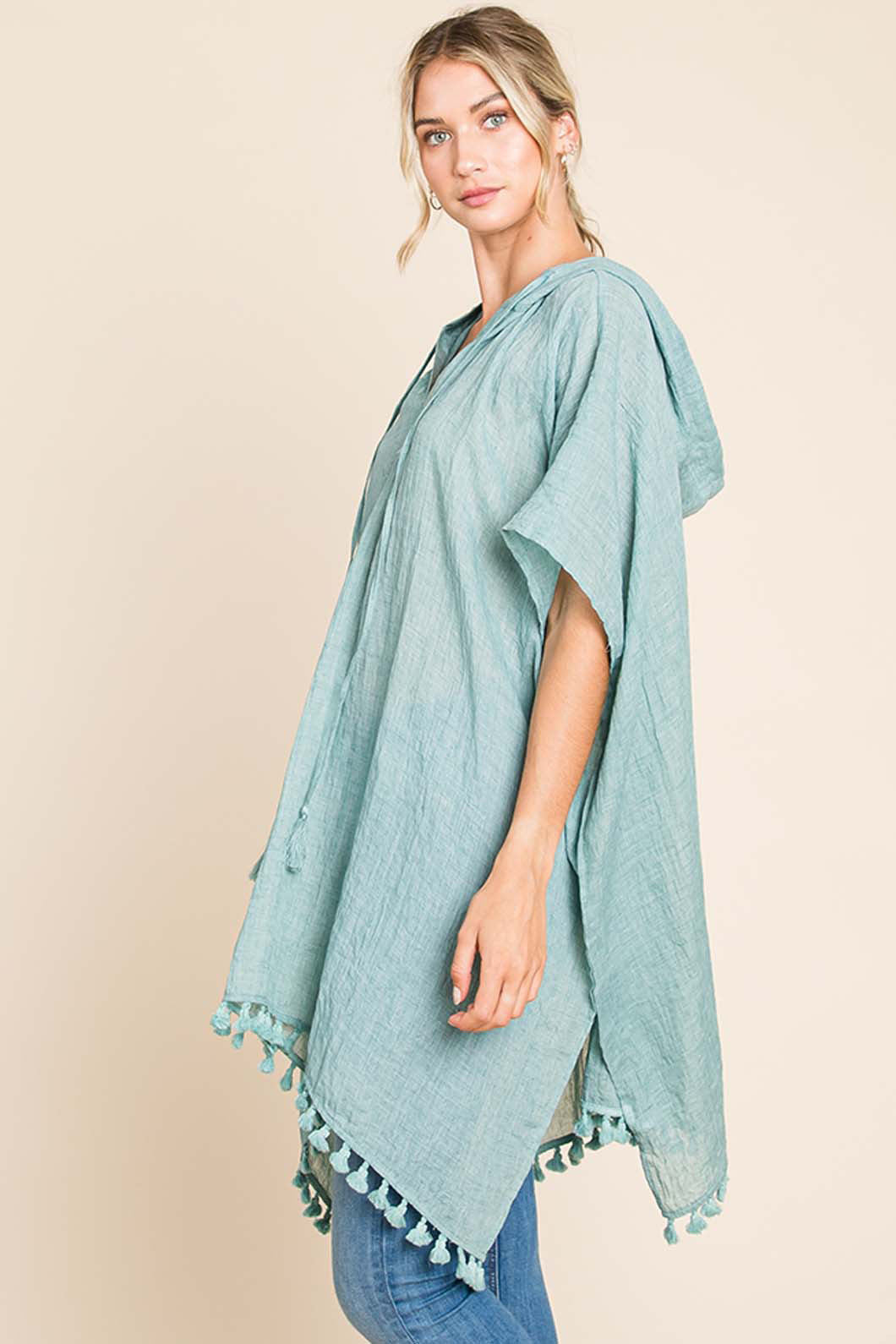 Label Tassel Hem Hooded Cover Up