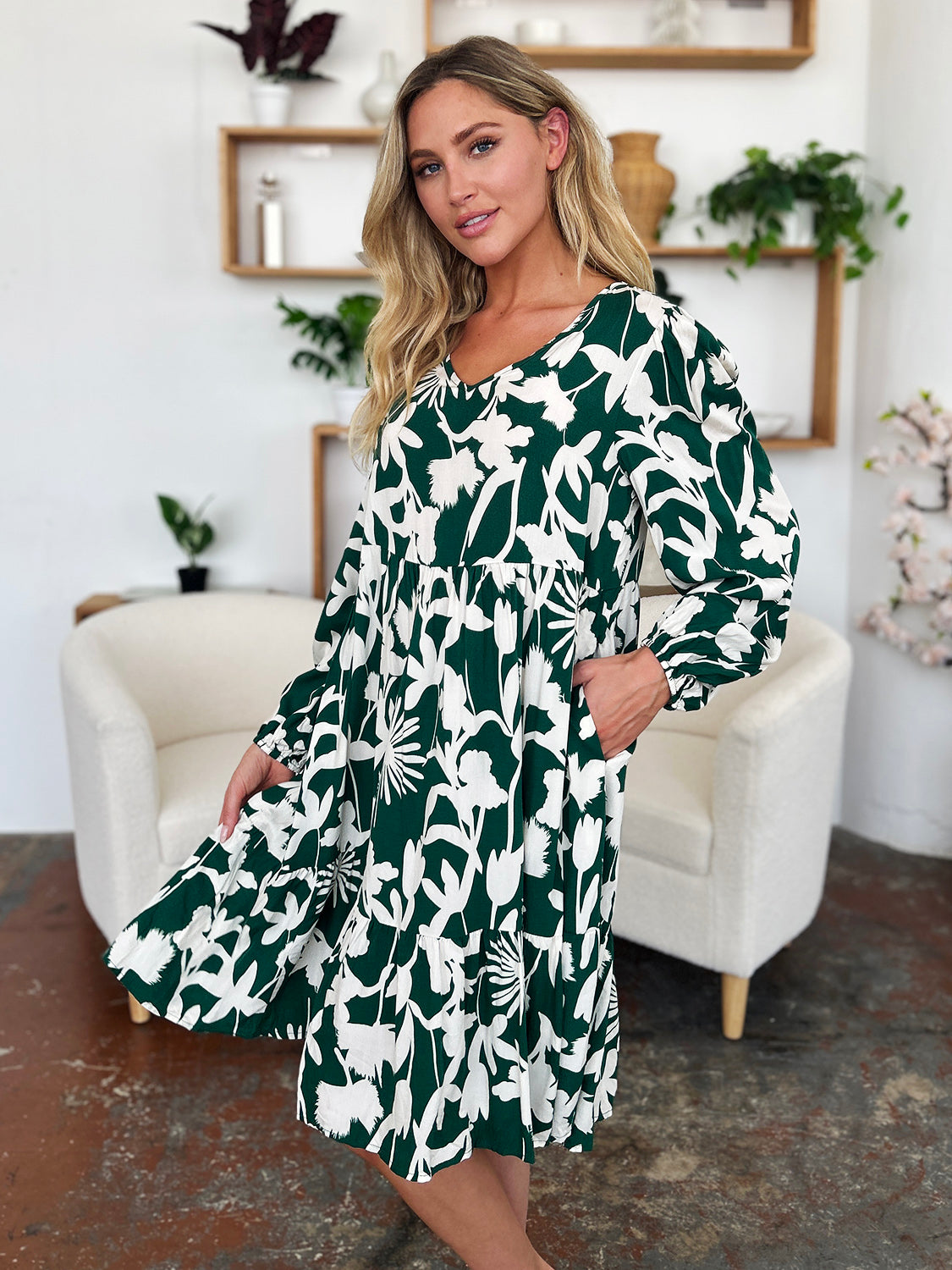 Printed Ruffle Hem Long Sleeve Dress