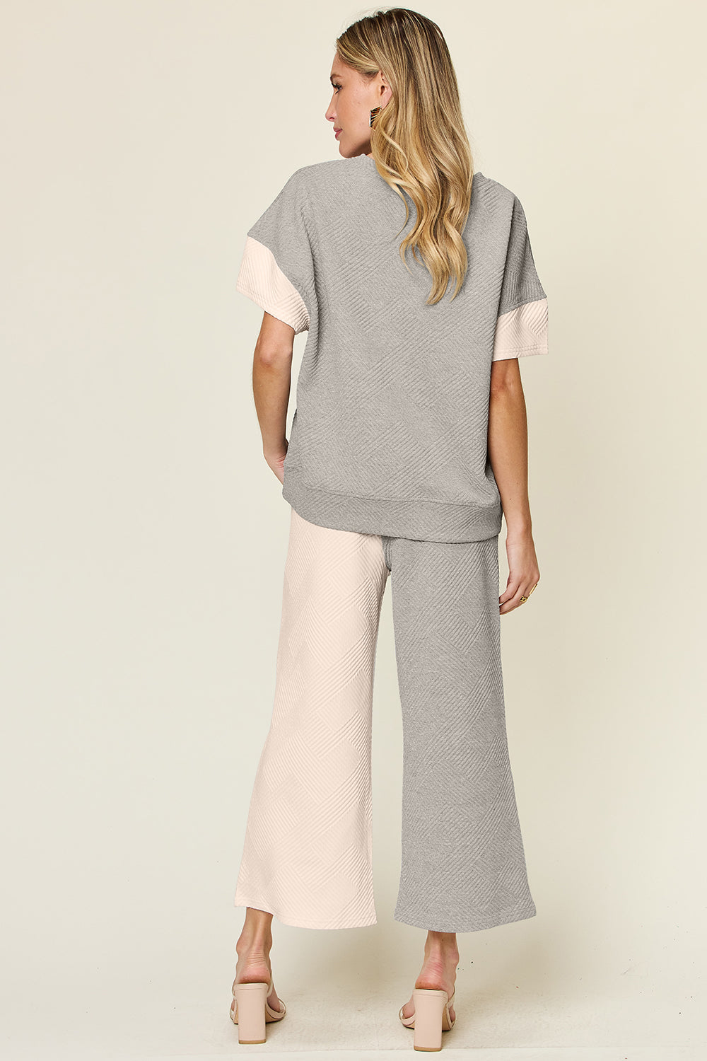 Texture Contrast T-Shirt and Wide Leg Pants Set