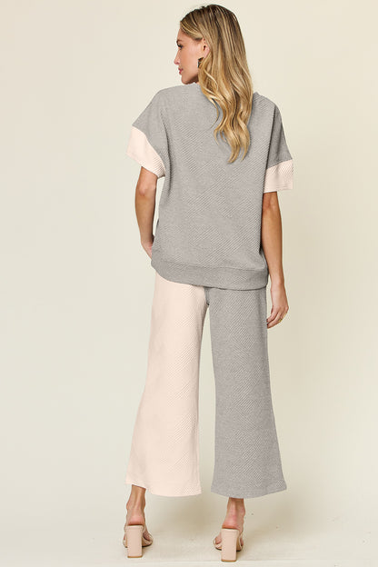 Texture Contrast T-Shirt and Wide Leg Pants Set