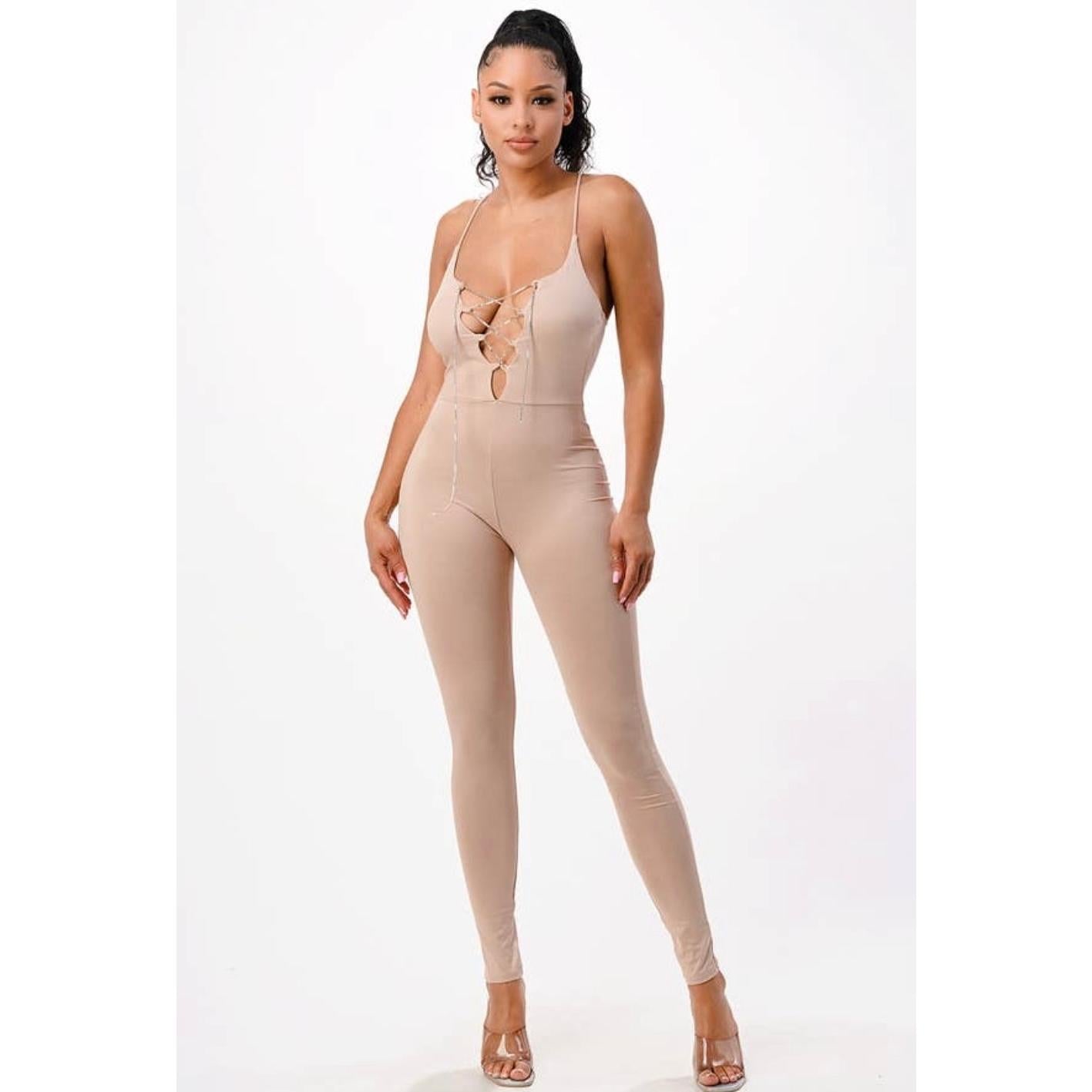 Spaghetti strap v front lace jumpsuit Womenswear Day