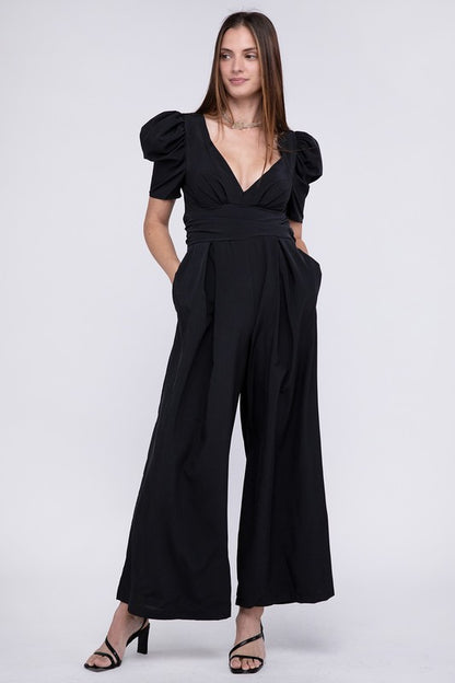 V Neck Puff Sleeve Jumpsuit