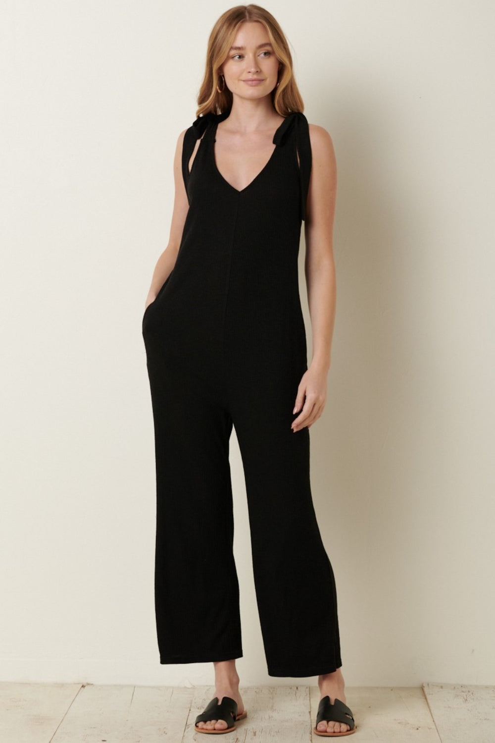 Knit V-Neck Cross Back Jumpsuit