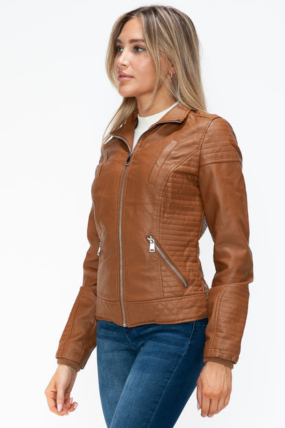 Faux Layered Double-Zipper Jacket with Fuzzy Hood