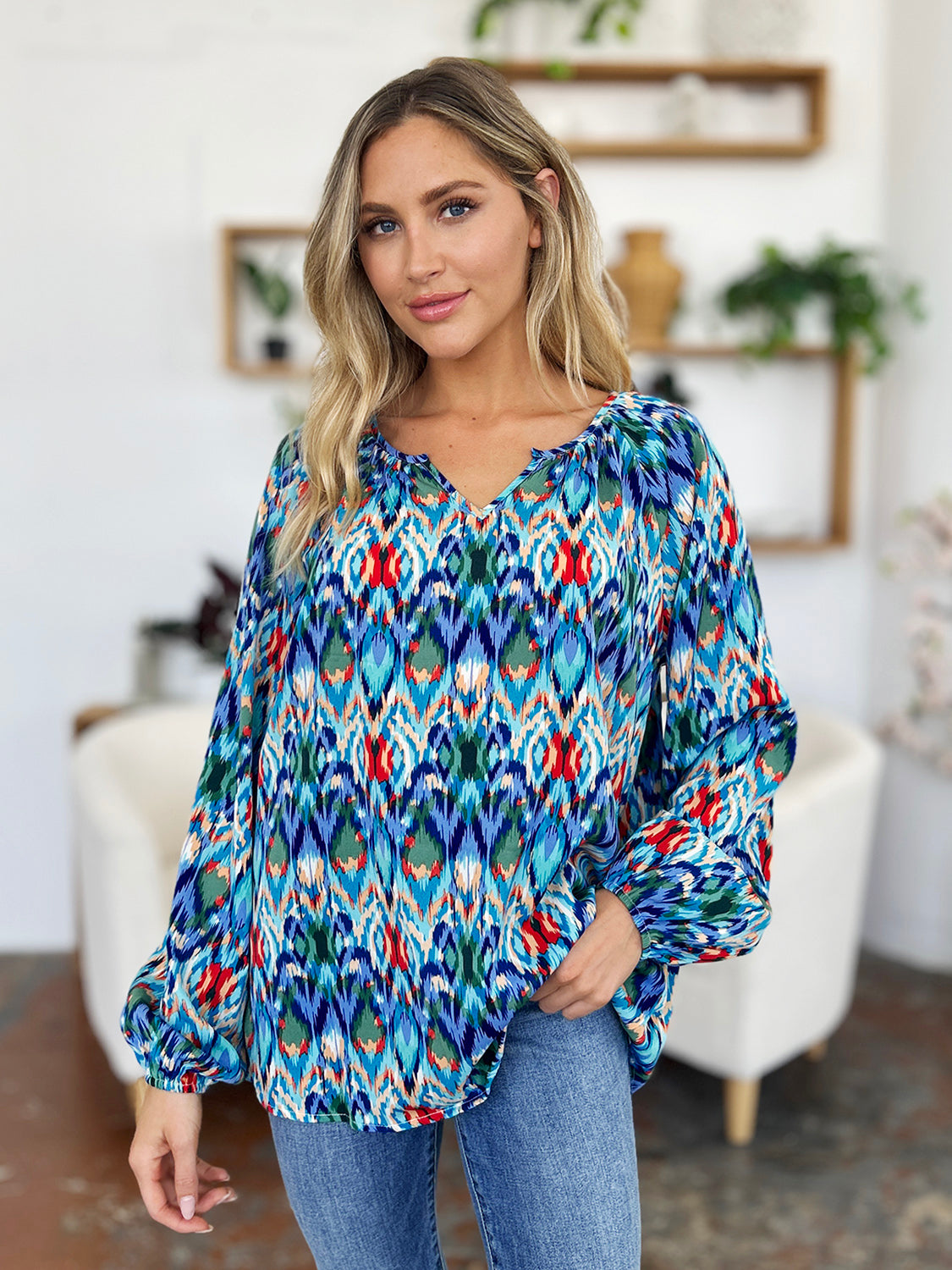 Printed Balloon Sleeve Blouse