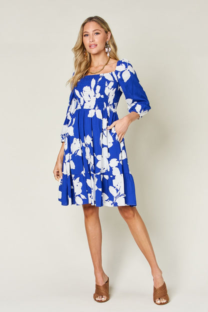 Floral Ruffle Hem Smocked Dress with Pockets