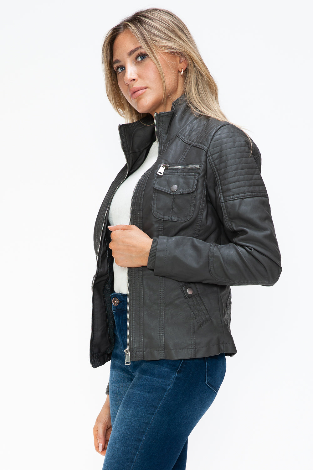 Removable Faux Layered Multi-Pocket Jacket with Fuzzy Hood