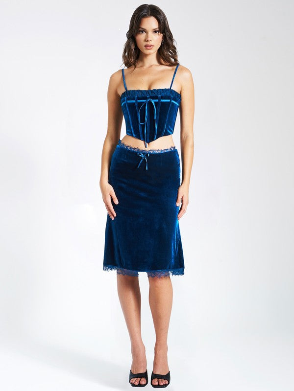 Blue Velvet Corset Top and Skirt With Lace Trim